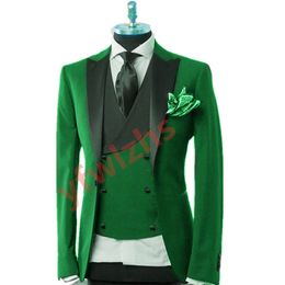 Men Suits Green Groom Tuxedos Peak Lapel Groomsmen Wedding/Prom/Dinner Man Blazer Jacket Pants Tie Vest w681