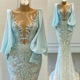 Un pezzo 2022 Plus Size Arabo Aso Ebi Sirena di pizzo in rilievo Abiti da ballo Sheer Neck maniche lunghe Sera formale Festa di secondo ricevimento Abiti C0418