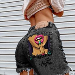 biting teeth Australia - Women's Shorts INS Street Personality Golden Tooth Girl Biting Fingers Europe And America Casual Hole Denim Pants