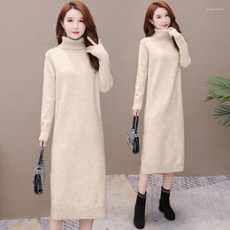 Women 2022 Autumn Winter Fashion Thicken Warm Turtleneck Dress Female Mid-long Bottoming Dresses Ladies Knitted Vestidos V615 Casual