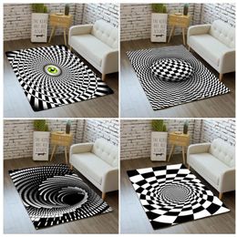 Carpets Vortex Illusion Rugs Trap Effect Bottomless Hole Carpet Black White Grid Room Soft Floor Mat For Bedroom Anti-Slip MatsCarpets