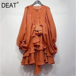 DEAT 2021 new summer fashion women clothing round neck lantern sleeves ruffles pleated single breasted vintage dress belt WL8 210302