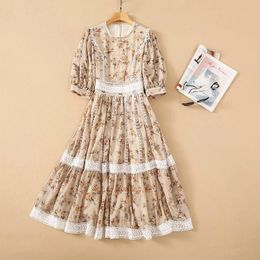 Party Dresses High Quality Runway Dress 2022 Summer Women Lurex Embroidery Floral Print Lace Patchwork 3/4 Sleeve Casual Vintage