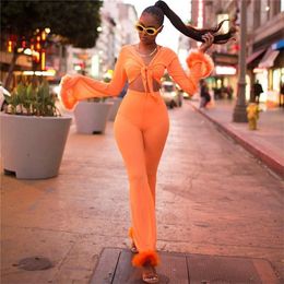 Women Long Sleeve Crop Top Long Flare Pants Two Piece Outfits Sexy Mesh See Through Tracksuit 2 Piece Set Matching Sets 3 Colors