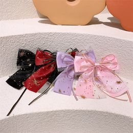 2022 New Korean Sweet Girl Fashion Streamer Bowknot Duckbill Clip Hair Accessories Children's Star Mesh Bow Hairpin Headwear