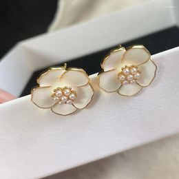 Stud White Pearl Camellia Earrings For Women Enamel Floral Party F Luxury Designer Jewellery Dainty Elegant JewelryStud Odet22 Farl22