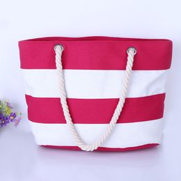 Storage Bags Canvas Rope Handle Beach Bag Stripe Color Tote BagStorage