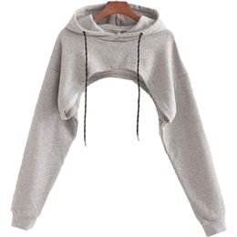 Women Solid Colour Long Sleeve Drawstring Hoodies Sexy Cut Out Backless Super Short Sweatshirt Harajuku Pullover Crop Top 220812