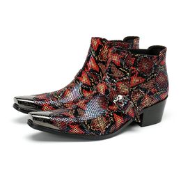 Christia Bella Punk Style Snakeskin Grain Leather Men Ankle Boots Plus Size Buckle Strap Cowboy Boots High Heel Party