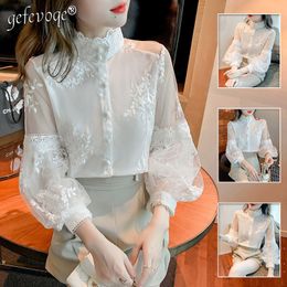 Elegant Sweet Lace Patchwork Solid Chiffon Shirts Spring Summer Stand Collar Long Lantern Sleeve Cardigan Women s Clothing 220810