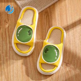 Slippers Mo Dou Spring New Breathable Linen Cotton Women Slippers Indoor Home Cute Fruit Sticker Vamp Soft Thick Sole Slippers Ds 220428