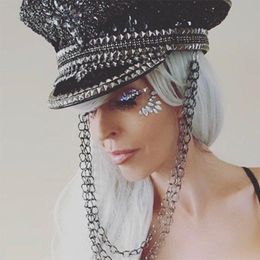 Berets Luxury Women Black Sequin Burning Bride Military Hat Bridal Captain Sergeant Rhinestone Festival Birthday Part HatBerets