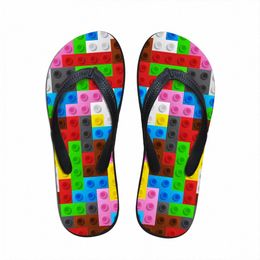 customized Women Flats House Slippers Slipper 3D Tetris Print Summer Fashion Beach Sandals For Woman Ladies Flip Flops Rubber Flipflops d416#