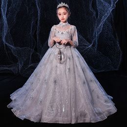 2022 Cheap Sliver Flower Girl for Weddings Lace Long Sleeve Pageant Dresses First Communion Dress Little Girls Prom Ball Gown