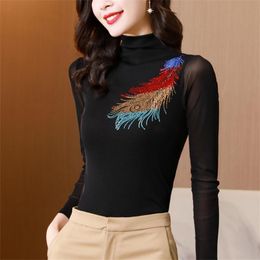 Women's Blouses & Shirts Korean Style Fashion Turtleneck Pullover Tops Long Sleeve Black Mesh Blouse Women Drill Slim Udershirt Blusa MujerW