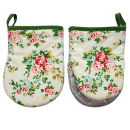 Mini Oven Mitts 2 Pack 14 x 19cm - Handle Hot Kitchen Items Safely- silver nsulated Pockets beige flower