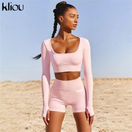 Kliou women letter print reflective skinny tracksuit fitness full sleeveless crop biker shorts set streetwear casual slim outfit LJ201120