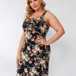 GIBSIE Plus Size Floral Print Tie Front Strap Dres Boho Beach Casual Summer Slim Fit Bodycon Dresses 4xl xxxl 220527