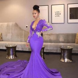 Africa Light Purple Mermaid Prom Dresses Sexy Deep V-neck Beaded Gold Lace Long Sleeves Black Girl Party Dress Evening Wear Robe