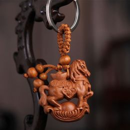 Natural Peach Wood 12 Zodiac Key chain for Women Men Child Unisex Jewelry KeyRings Animal Monkey Rabbit Snake tiger keychains