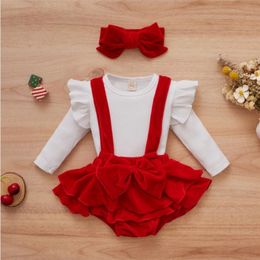 Clothing Sets Baby Girls Three-piece Clothes Set Solid Color Long Sleeve Tops Suspender Shorts And HeaddressClothing