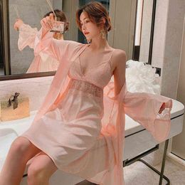 -Sexy Two Piece Women Nightgown Svest com Pad Pad Jarretel Sexy Backless Ice Silk Pijamas Cetim doméstico para Primavera J220521