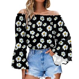 Summer Sexy Off Shoulder Slash Neck Women Blouse Off The Shouler Crop Tops Long Bell Sleeve Blouses For Women Sexy Shirts Causal L220705
