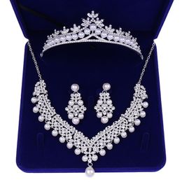 Crystal Pearl Bridal Jewellery Sets Wedding Crown Necklace with Earrings Bride Hair Ornament Choker for Women Accessories 220330