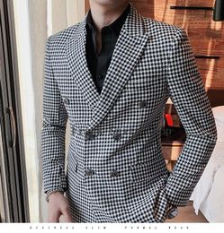 Men's Suits & Blazers British Style Mens Slim Fit Houndstooth Blazer Men 2022 Simple Double Breasted Business Office Wedding Dress Suit Jack