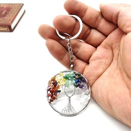 Handmade Natural Crystal Stone Round Tree of Life Pendant Key Rings Holder for Women girls Car Bags Accessories