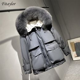 Fitaylor Winter Women Large Fur Collar Down Coat Thickness Warm Hooded 90% White Duck Down Parkas Sash Tie Up Outwear LJ201127