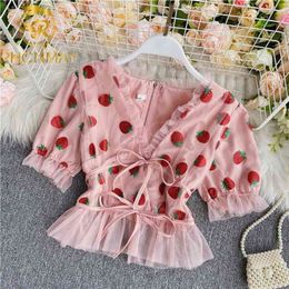 Shining Pink Strawberry Mesh Sexy V Neck Blouses Woman Summer Puff Sleeve Blusa Shirts Casual Sweet Tops Female 210326