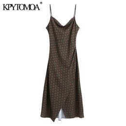 Women Fashion Polka Dot Wrap Slit Midi Dress Vintage Backless Side Zipper Thin Straps Female Dresses Mujer 210416