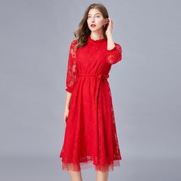 -Lässige Kleider elastische Taille Red Party Hochzeitskleid European Mode vielseitig Tägliches Spleißen Shirted Collar Elegante Flügel Robescasual