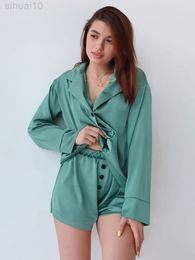 Hiloc Buttons Satin Pyjamas For Women Sets Long Sleeves Loungewear Women Nightgown Casual Nightwear 2022 Pyjamas Fashion Nightwear L220803