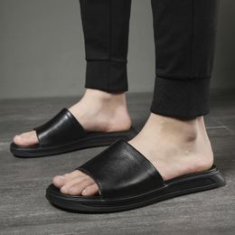 Nice Slippers Summer Sandals Genuine Leather Men Shoes Beach Holiday Male Flat Casual Cow Black Thick Sole A1242 2