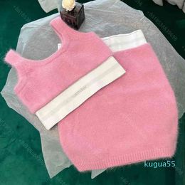 Designer women sexy knit dress vest suit mohair skin-fitting comfortable and soft letter logo brand hip-wrap skirt and camisole Two Piece