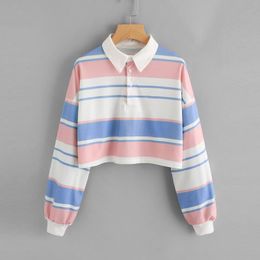 Women's Hoodies & Sweatshirts Women Cropped Top Stripe Sweatshirt Autumn Long Sleeve Button Turn-down Collar Pullover Short Moletom Feminino