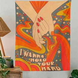 Lovers Hold Hand Carpet Wall Hanging Retro Art Room Decor Aesthetic Sun Rainbow Pattern Boho Wall Decor Bedroom Carpet Mural J220804