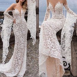 Women Beach Boho Sexy Dresses Bohemian Trumpet Trupmet Deep V Neck Lace Bridal Gown Female Wedding Elegant White Long