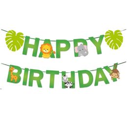 Party Decoration Cartoon Animal Happy Birthday Banner Flag Forest Safari Jungle Themed Bunting Kids Boy Girls DecorationsParty