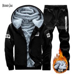 Tracksuit Winter Fur Fleece Hoodies Jacket Men Casual Sweatshirts Mn CoatPant 2 PCS Moletom Masculino 201116