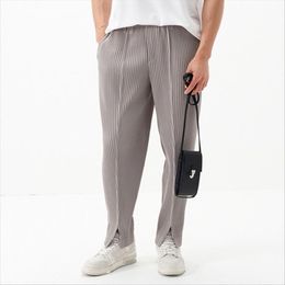 Men's Pants High Quality Men's Black Grey Miyake Pleated Casual Trousers With Slits Fashion Men StreetwearMen's