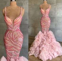 2022 Plus Size Arabic Aso Ebi Pink Mermaid Luxurious Prom Dresses Spaghetti Beaded Evening Formal Party Second Reception Birthday Engagement Gowns Dress ZJ660