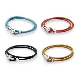 Bmld Charm Bracelets New 2018 925 Sterling Silver Moments Black Golden Tan Spicy Orange Double Leather Bracelet with Button Clasp Gift Aa220315