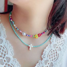 Bohemia Seed Beads Necklaces Woman Fashion Summer Beach Hand Woven Flowers Choker Cross Pendant Jewellery