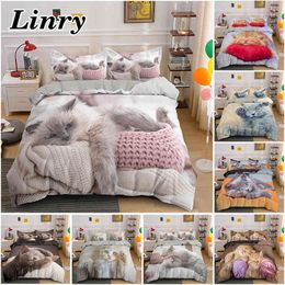 Lovely Sleeping Cat Bedding Set Soft Duvet Cover with Pillowcase for Kids Adults 2/3pcs Pet Animal Bedclothes 14 Sizes