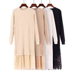 HLBCBG Lace Stitching Sweater Women Autumn Winter Long Straight Dress Knitted Dresses Maxi Retro Lady Ribbed Robe Pullover Dress T220804