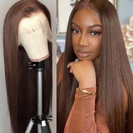 Synthetic Wigs 30Inch #4 Chocolate Brown Colored Straight 13x4 HD Lace Frontal Wig Body Wave Loose Deep Curly Pre-Plucked Human Hair Wig