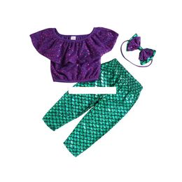 Mermaid outfits children Off Shoulder top+Fish scale pants with headbands 3pcs/set summer fashion kids Clothing Sets